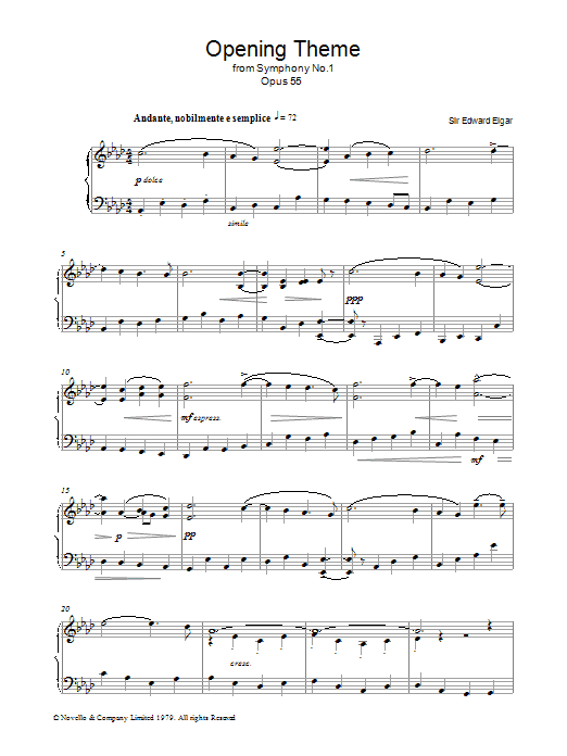 Learn to play Edward Elgar Opening Theme from Symphony No.1, Op.55 sheet music for Piano Solo in minutes. Price: 7.8900$ Edward Elgar Opening Theme from Symphony No.1, Op.55 sheet music notes and chords arranged for Piano Solo