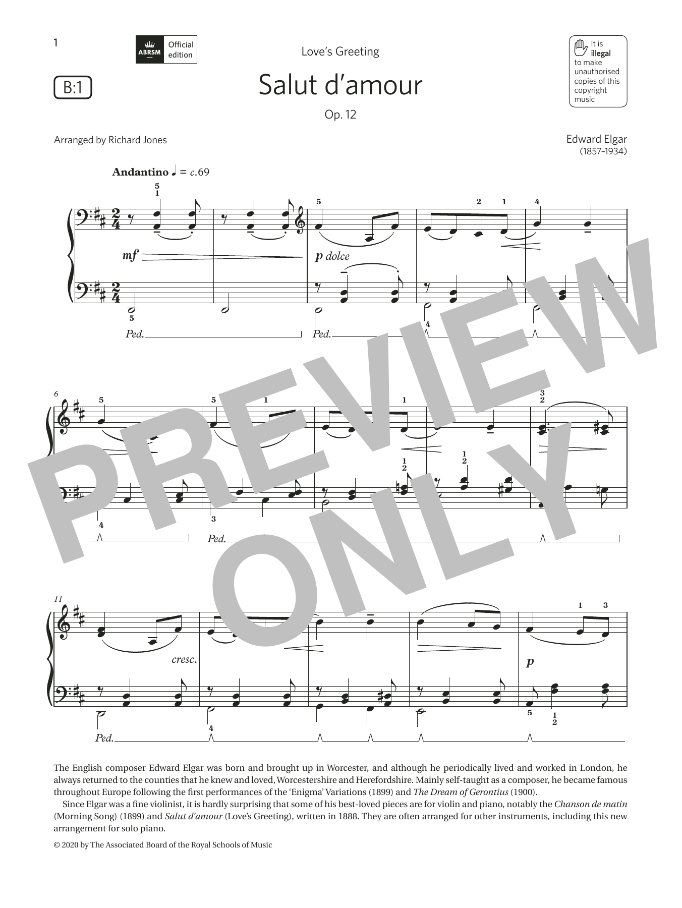 Edward Elgar Salut d'amour (Grade 3, list B1, from the ABRSM Piano Syllabus 2021 & 2022) sheet music notes and chords. Download Printable PDF.