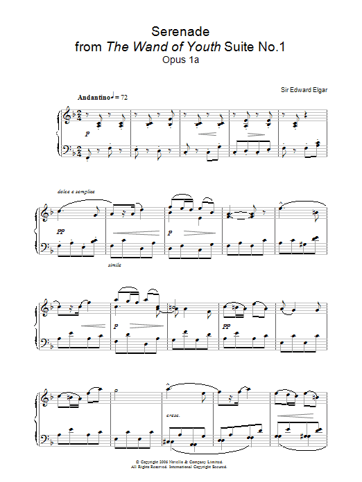 Learn to play Edward Elgar Serenade From The Wand Of Youth Suite No 1 Op 1a sheet music for Piano Solo in minutes. Price: 7.8900$ Edward Elgar Serenade From The Wand Of Youth Suite No 1 Op 1a sheet music notes and chords arranged for Piano Solo