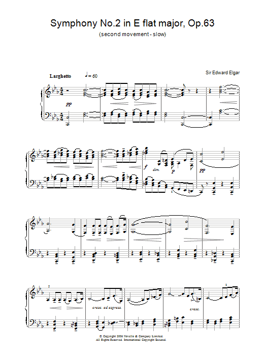 Learn to play Edward Elgar Symphony No.2 In E Flat Major, Op.63 (2nd Movement - slow) sheet music for Piano Solo in minutes. Price: 7.8900$ Edward Elgar Symphony No.2 In E Flat Major, Op.63 (2nd Movement - slow) sheet music notes and chords arranged for Piano Solo