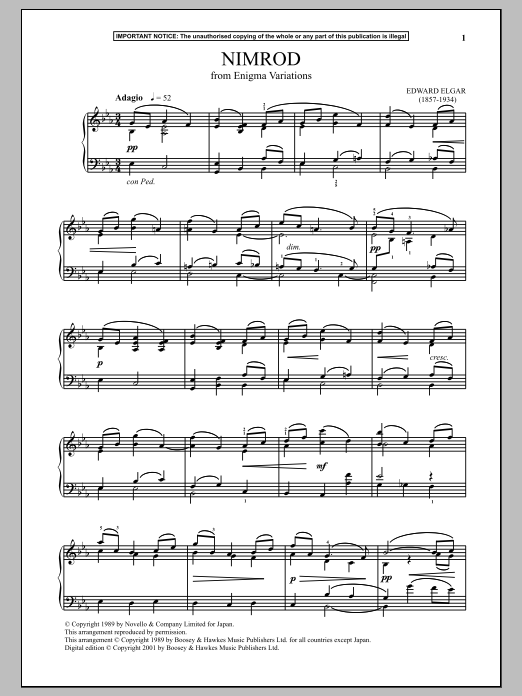 Learn to play Edward Elgar Variations On An Original Theme For Orchestra (Enigma Variations), Op. 36 (Nimrod) sheet music for Piano Solo in minutes. Price: 7.8900$ Edward Elgar Variations On An Original Theme For Orchestra (Enigma Variations), Op. 36 (Nimrod) sheet music notes and chords arranged for Piano Solo