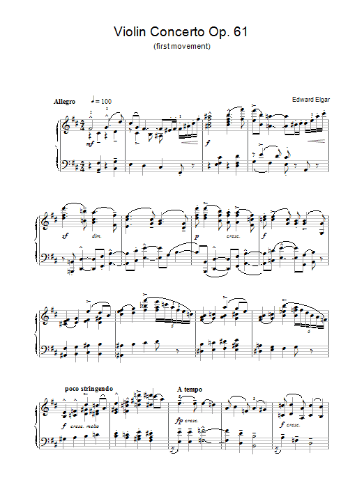 Learn to play Edward Elgar Violin Concerto Op.61 (1st Movement) sheet music for Piano Solo in minutes. Price: 7.8900$ Edward Elgar Violin Concerto Op.61 (1st Movement) sheet music notes and chords arranged for Piano Solo
