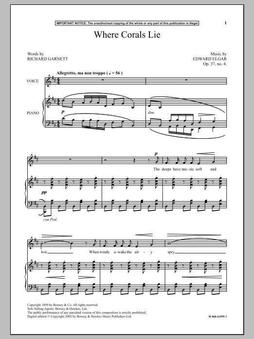 Learn to play Edward Elgar Where Corals Lie sheet music for Piano & Vocal in minutes. Price: 7.8900$ Edward Elgar Where Corals Lie sheet music notes and chords arranged for Piano & Vocal