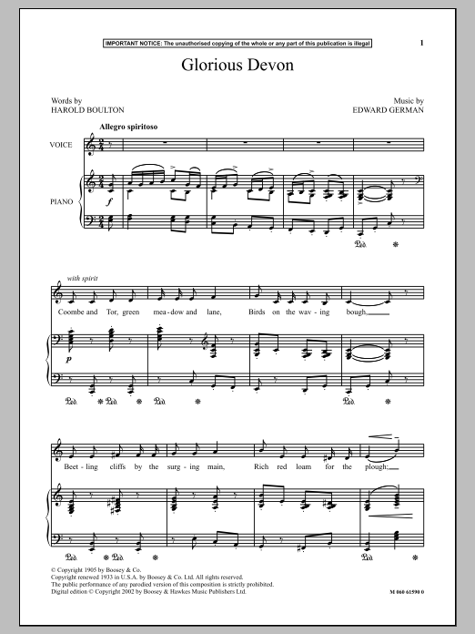Learn to play Edward German Glorious Devon sheet music for Piano & Vocal in minutes. Price: 7.8900$ Edward German Glorious Devon sheet music notes and chords arranged for Piano & Vocal