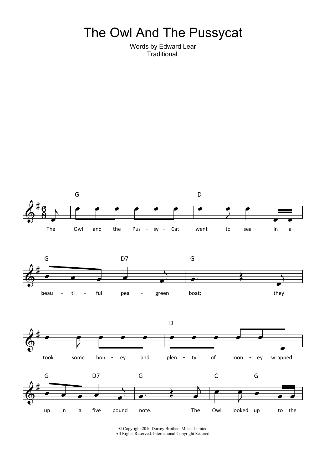 Edward Lear The Owl And The Pussycat sheet music notes and chords. Download Printable PDF.