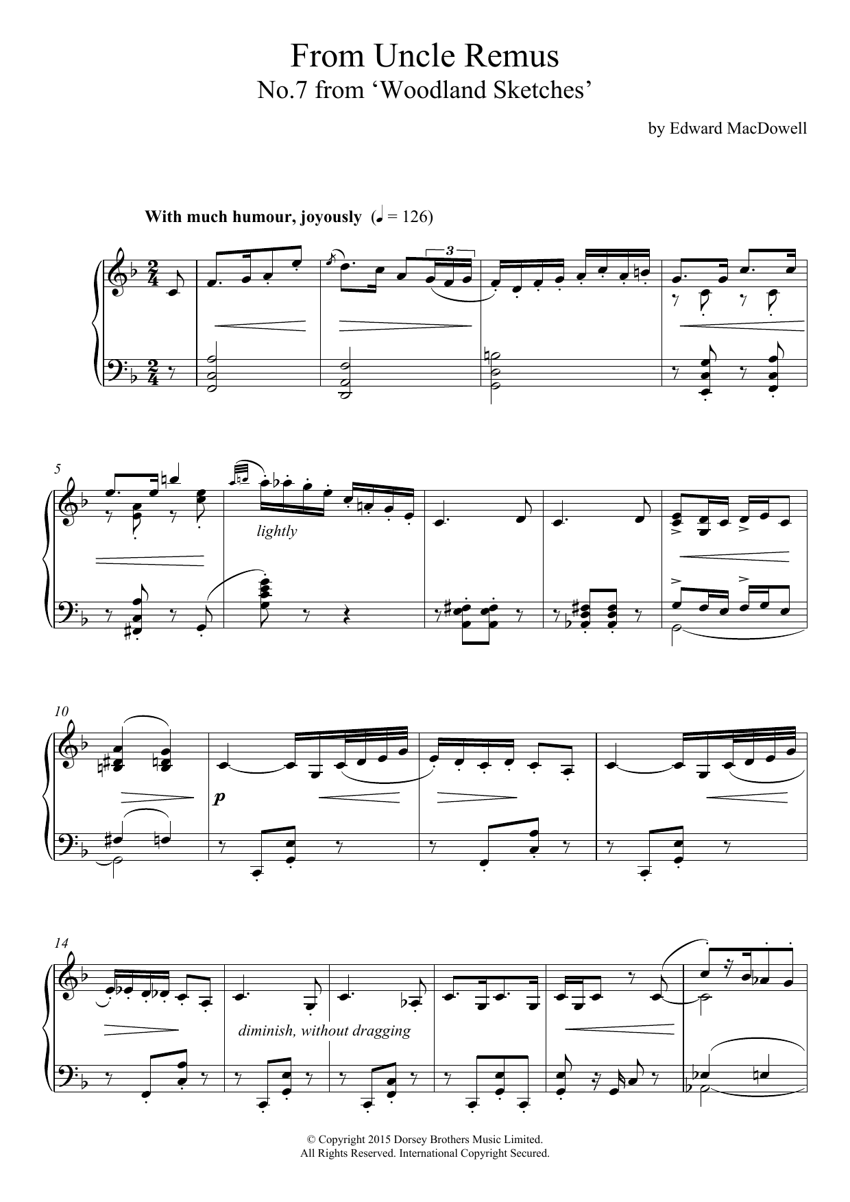 Learn to play Edward MacDowell From Uncle Remus (10 Woodland Sketches, Op.51, No.7) sheet music for Piano Solo in minutes. Price: 7.8900$ Edward MacDowell From Uncle Remus (10 Woodland Sketches, Op.51, No.7) sheet music notes and chords arranged for Piano Solo