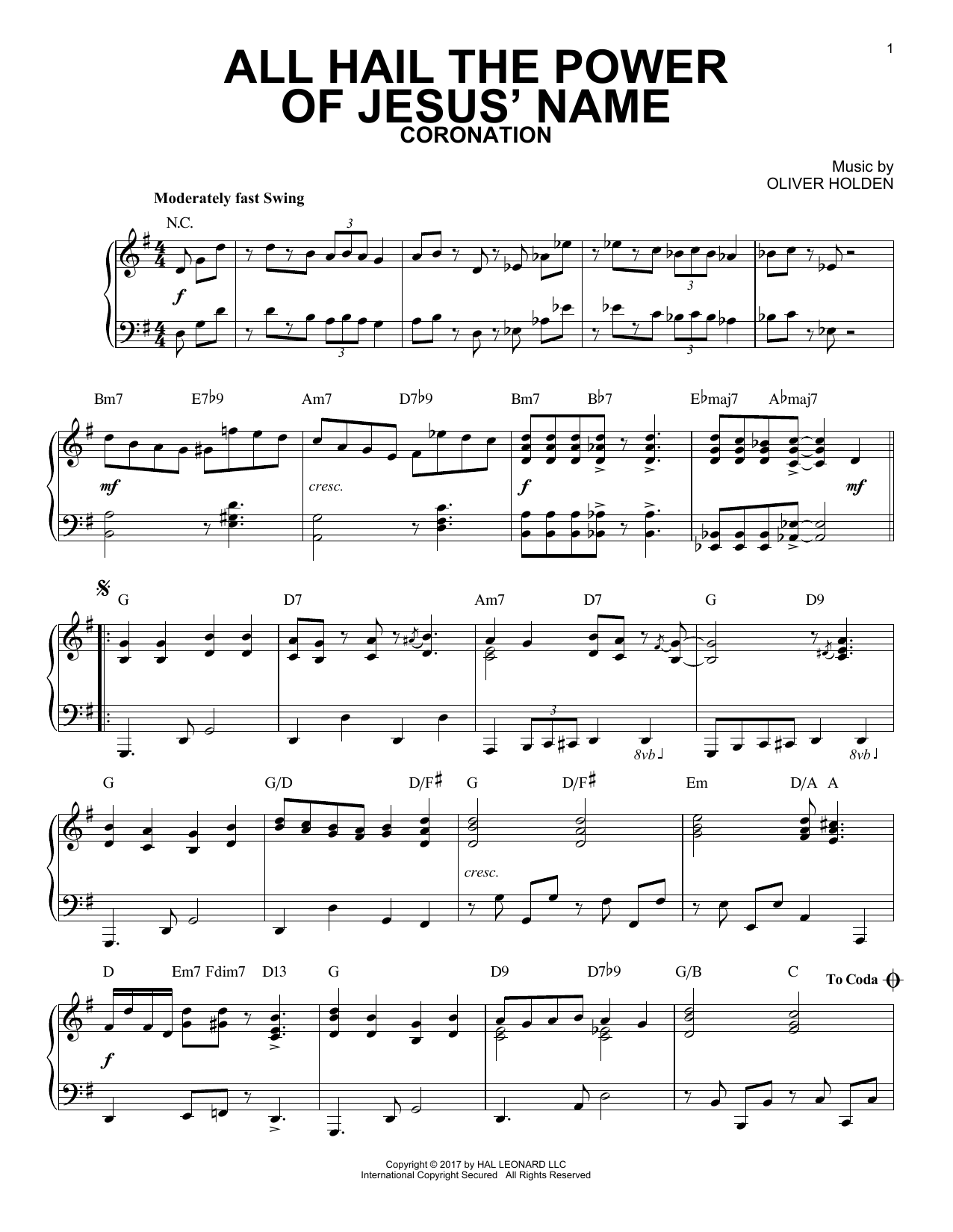 Edward Perronet All Hail The Power Of Jesus' Name [Jazz version] sheet music notes and chords. Download Printable PDF.