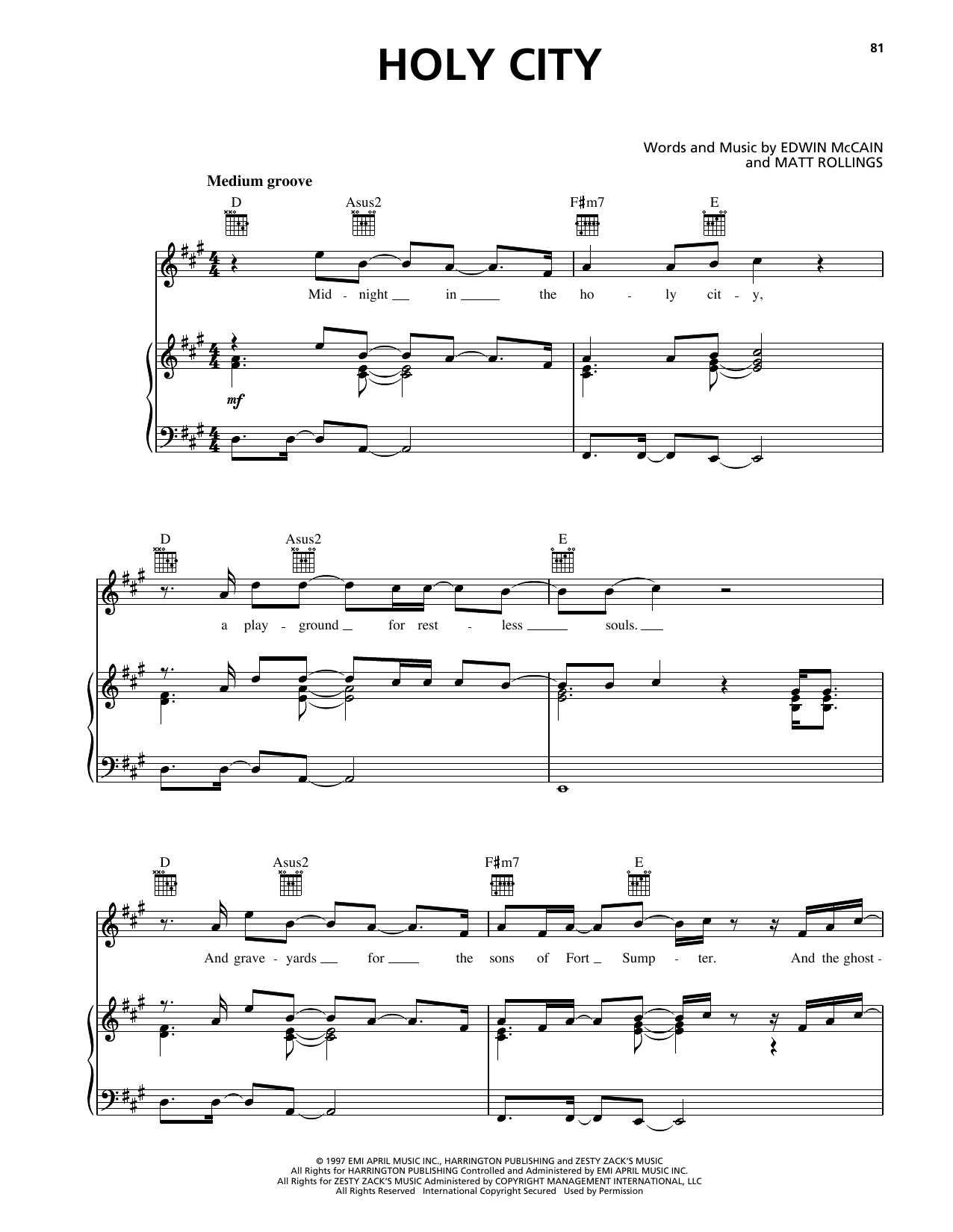 Learn to play Edwin McCain Holy City sheet music for Piano, Vocal & Guitar Chords (Right-Hand Melody) in minutes. Price: 7.8900$ Edwin McCain Holy City sheet music notes and chords arranged for Piano, Vocal & Guitar Chords (Right-Hand Melody)