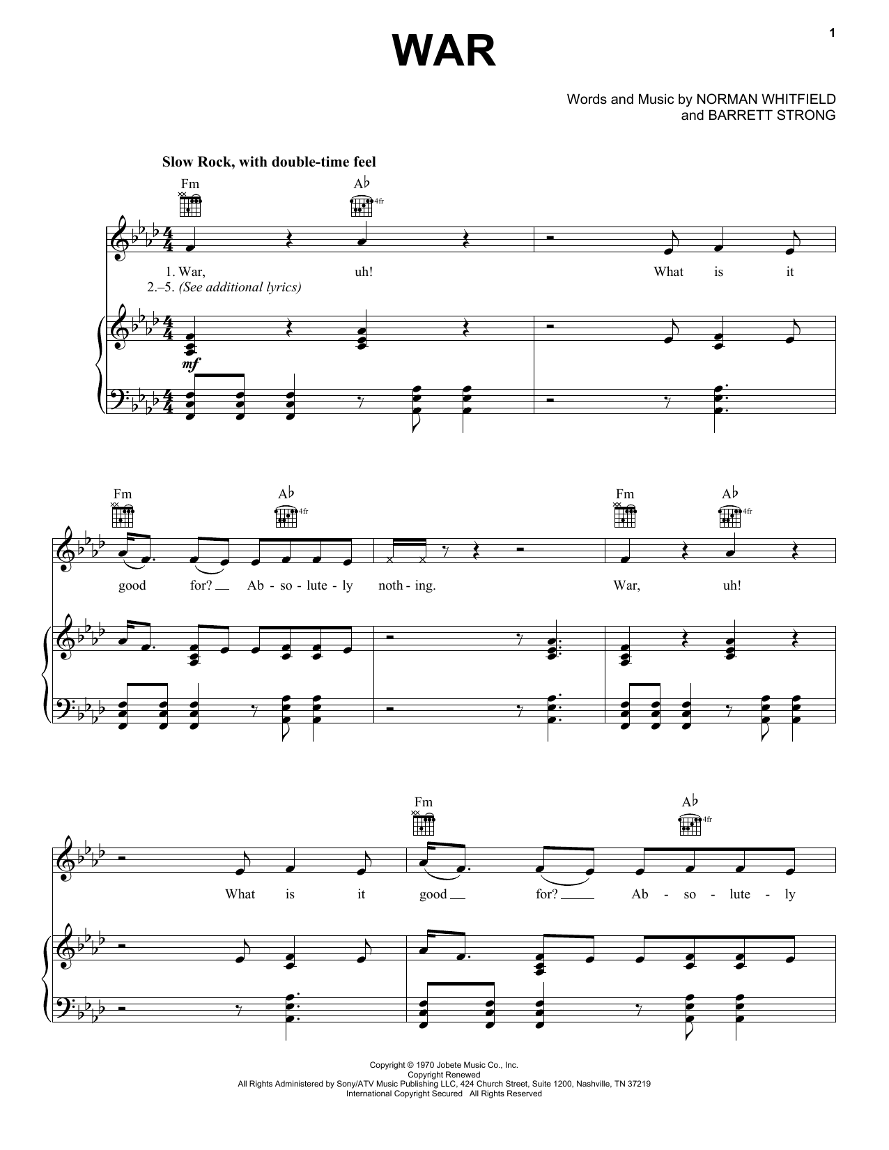 Edwin Starr War sheet music notes and chords arranged for Piano, Vocal & Guitar Chords (Right-Hand Melody)