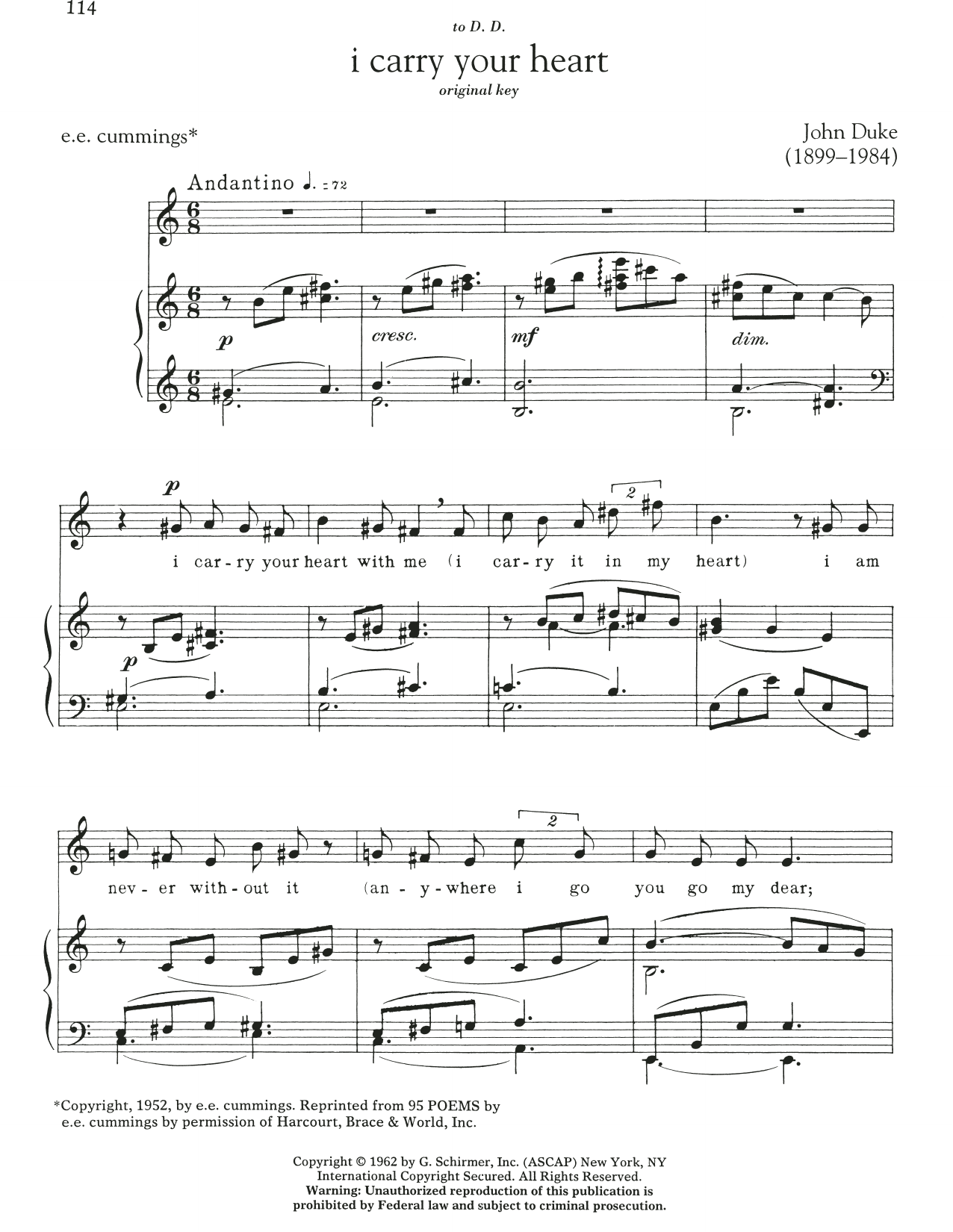 E.E. Cummings I Carry Your Heart sheet music notes and chords. Download Printable PDF.