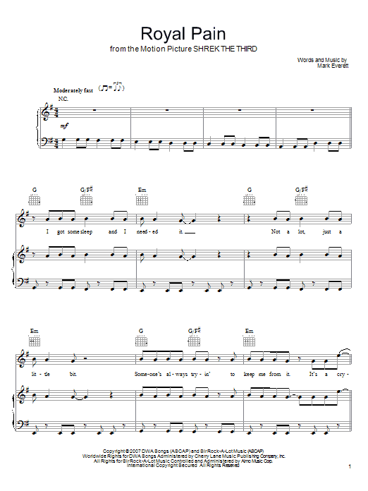 Learn to play Eels Royal Pain sheet music for Piano, Vocal & Guitar Chords (Right-Hand Melody) in minutes. Price: 7.8900$ Eels Royal Pain sheet music notes and chords arranged for Piano, Vocal & Guitar Chords (Right-Hand Melody)