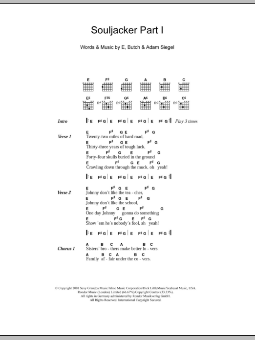 Eels Souljacker Part I sheet music notes and chords. Download Printable PDF.