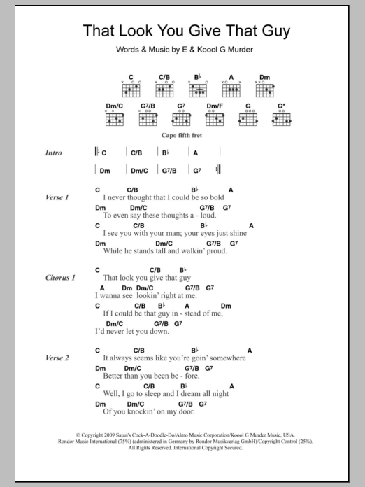 Learn to play Eels That Look You Give That Guy sheet music for Piano, Vocal & Guitar Chords in minutes. Price: 7.8900$ Eels That Look You Give That Guy sheet music notes and chords arranged for Piano, Vocal & Guitar Chords
