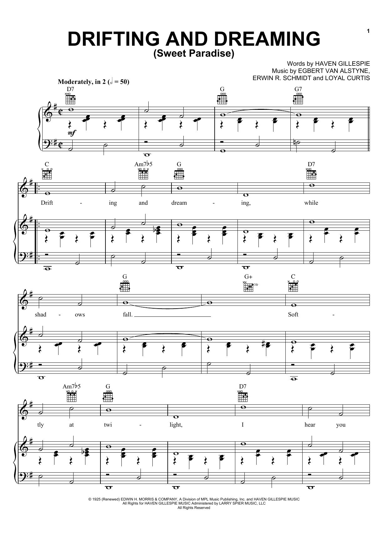 Egbert Van Alstyne Drifting And Dreaming (Sweet Paradise) sheet music notes and chords arranged for Piano, Vocal & Guitar Chords (Right-Hand Melody)