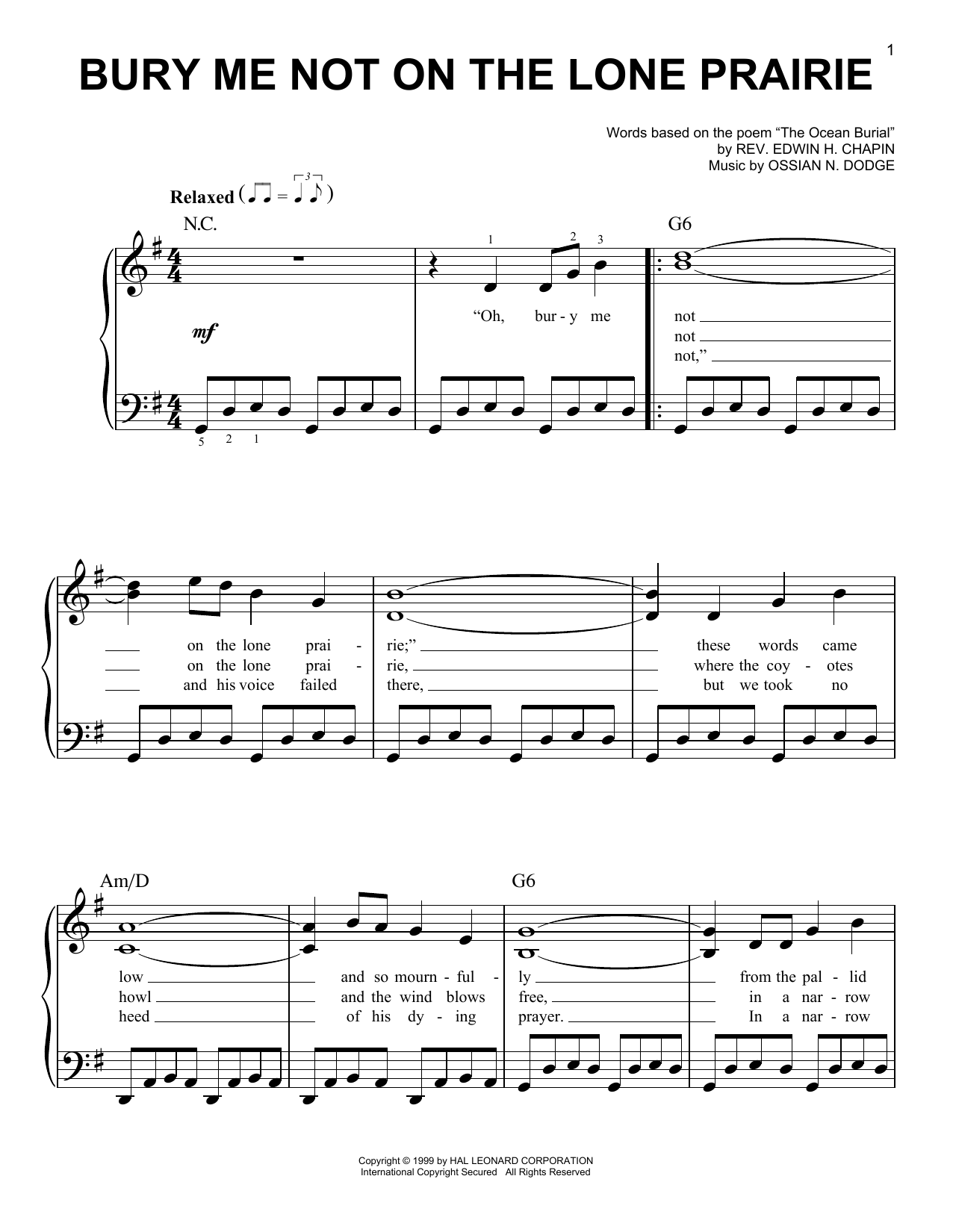 E.H. Chapin Bury Me Not On The Lone Prairie sheet music notes and chords. Download Printable PDF.