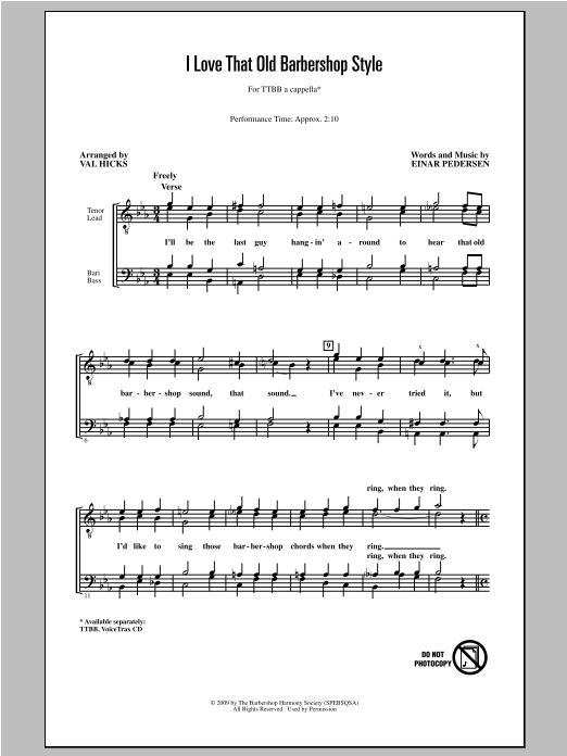 Einar Pedersen I Love That Old Barbershop Style (arr. Val Hicks) sheet music notes and chords arranged for TTBB Choir