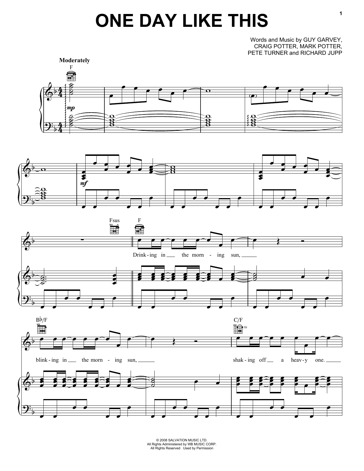 Elbow One Day Like This sheet music notes and chords. Download Printable PDF.