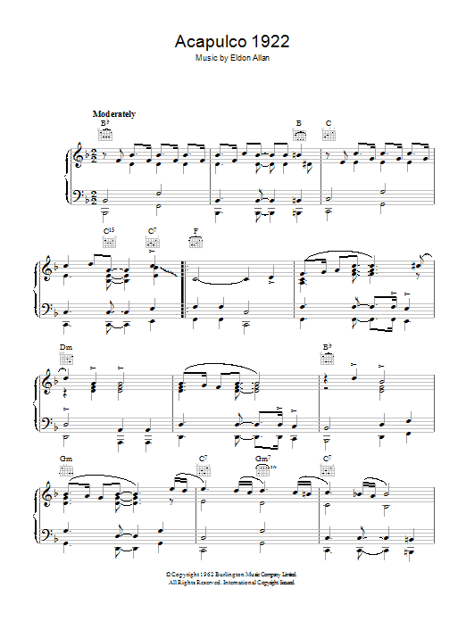Learn to play Eldon Allan Acapulco 1922 sheet music for Piano Solo in minutes. Price: 7.8900$ Eldon Allan Acapulco 1922 sheet music notes and chords arranged for Piano Solo