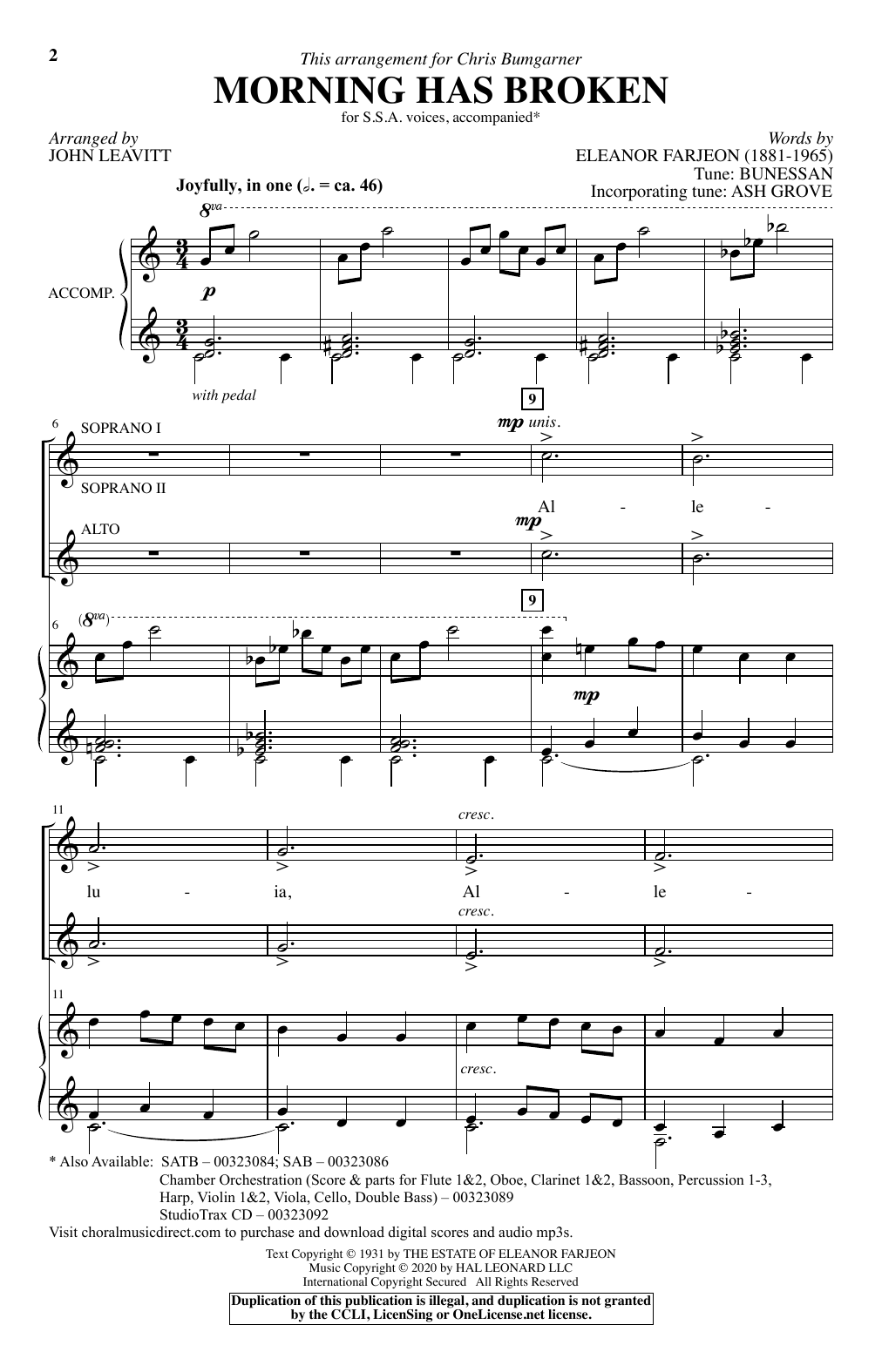 Eleanor Farjeon Morning Has Broken (arr. John Leavitt) sheet music notes and chords arranged for SSA Choir