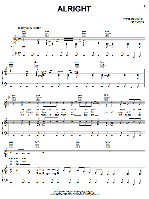 Learn to play Electric Light Orchestra Alright sheet music for Piano, Vocal & Guitar Chords (Right-Hand Melody) in minutes. Price: 7.8900$ Electric Light Orchestra Alright sheet music notes and chords arranged for Piano, Vocal & Guitar Chords (Right-Hand Melody)