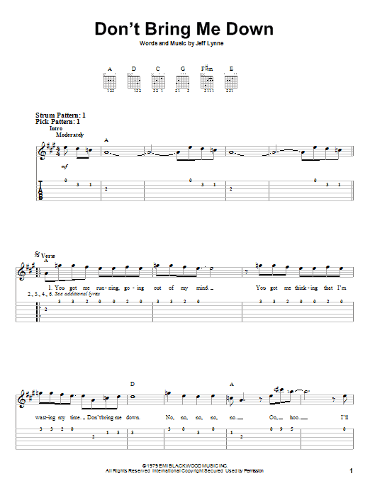 Electric Light Orchestra Don't Bring Me Down sheet music notes and chords. Download Printable PDF.