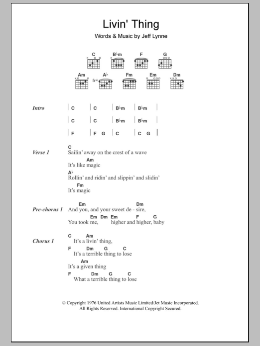 Electric Light Orchestra Livin' Thing sheet music notes and chords. Download Printable PDF.