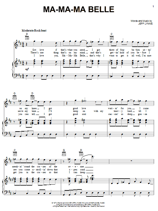 Learn to play Electric Light Orchestra Ma-Ma-Ma Belle sheet music for Piano, Vocal & Guitar Chords (Right-Hand Melody) in minutes. Price: 7.8900$ Electric Light Orchestra Ma-Ma-Ma Belle sheet music notes and chords arranged for Piano, Vocal & Guitar Chords (Right-Hand Melody)