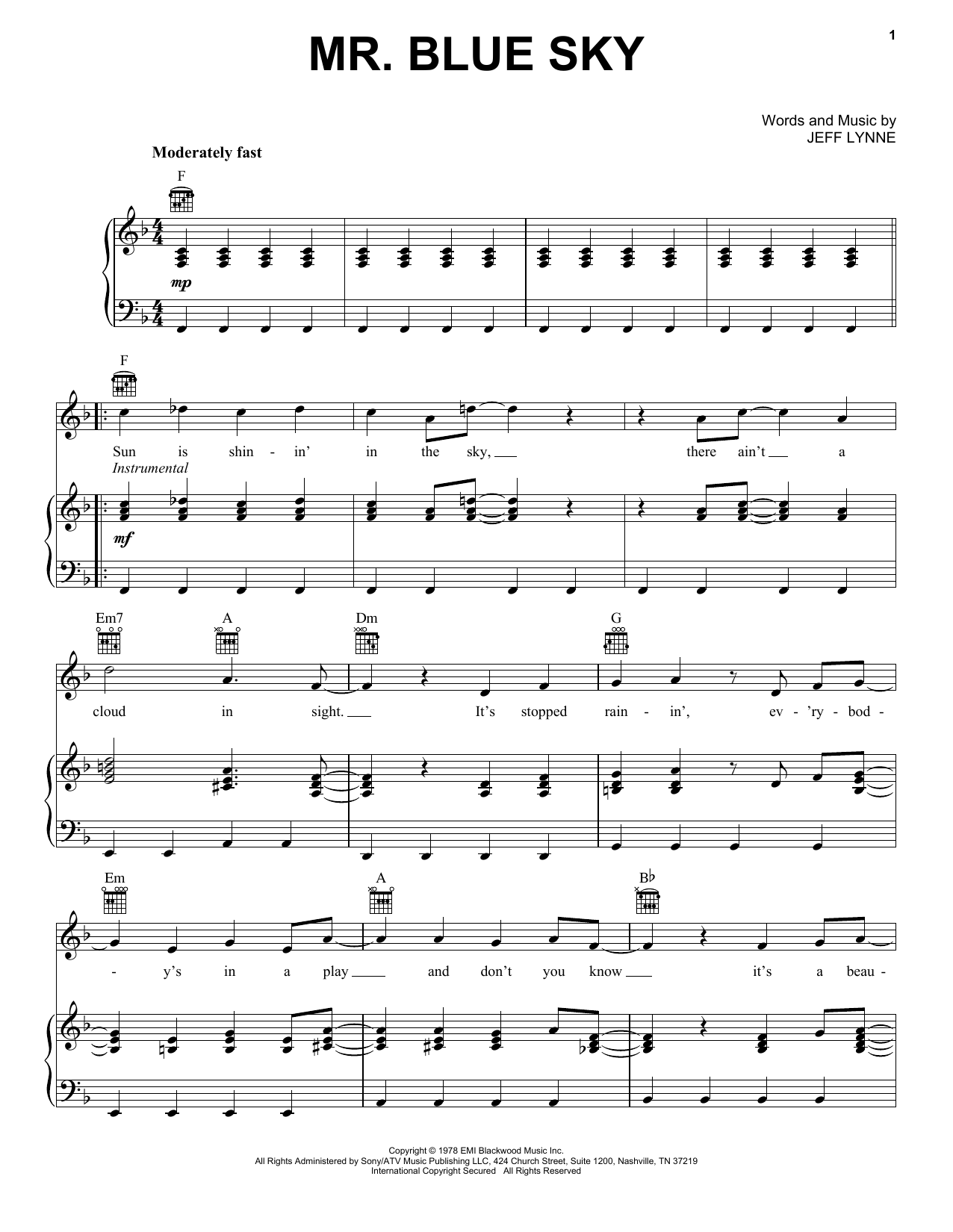 Electric Light Orchestra Mr. Blue Sky sheet music notes and chords. Download Printable PDF.