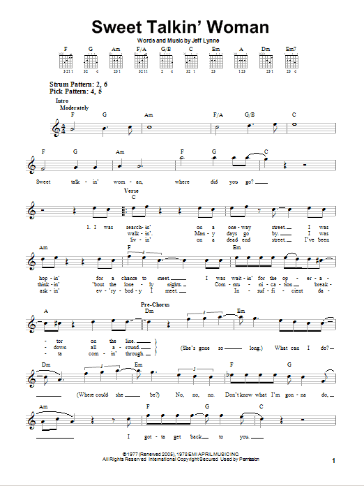 Electric Light Orchestra Sweet Talkin' Woman sheet music notes and chords. Download Printable PDF.