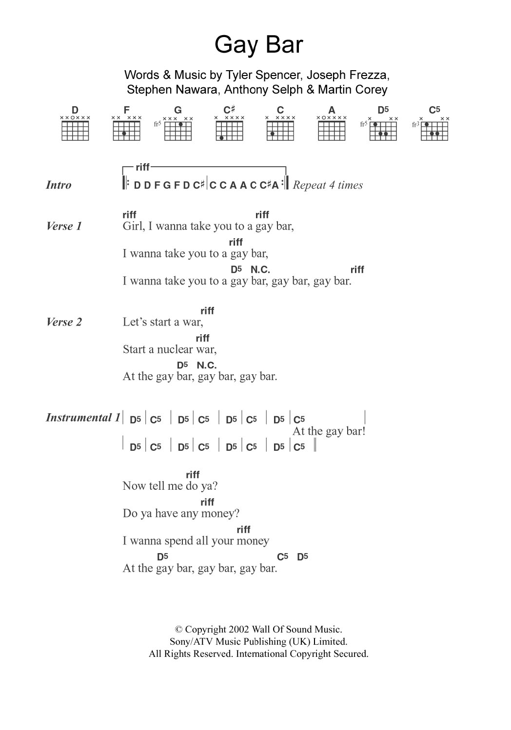 Learn to play Electric Six Gay Bar sheet music for Guitar Chords/Lyrics in minutes. Price: 4.4900$ Electric Six Gay Bar sheet music notes and chords arranged for Guitar Chords/Lyrics