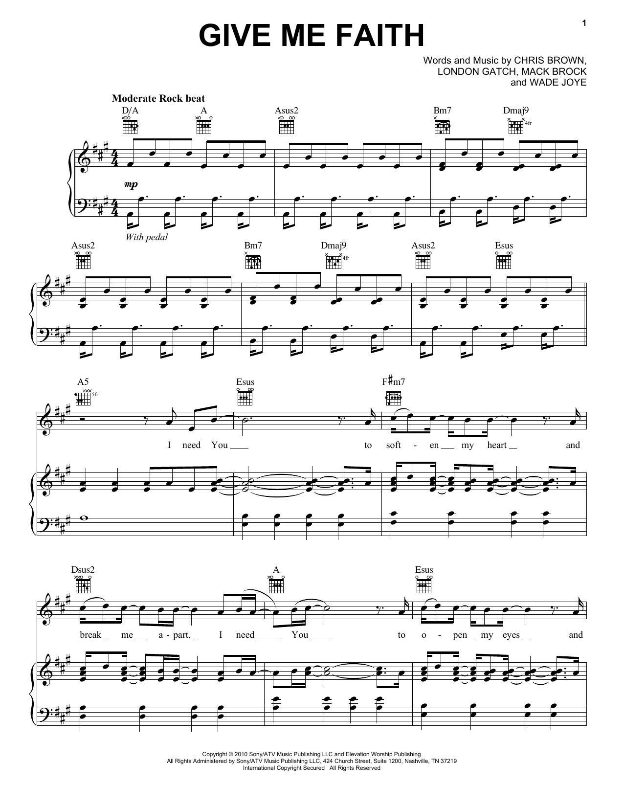 Learn to play Chris Brown Give Me Faith sheet music for Piano, Vocal & Guitar Chords (Right-Hand Melody) in minutes. Price: 7.8900$ Chris Brown Give Me Faith sheet music notes and chords arranged for Piano, Vocal & Guitar Chords (Right-Hand Melody)