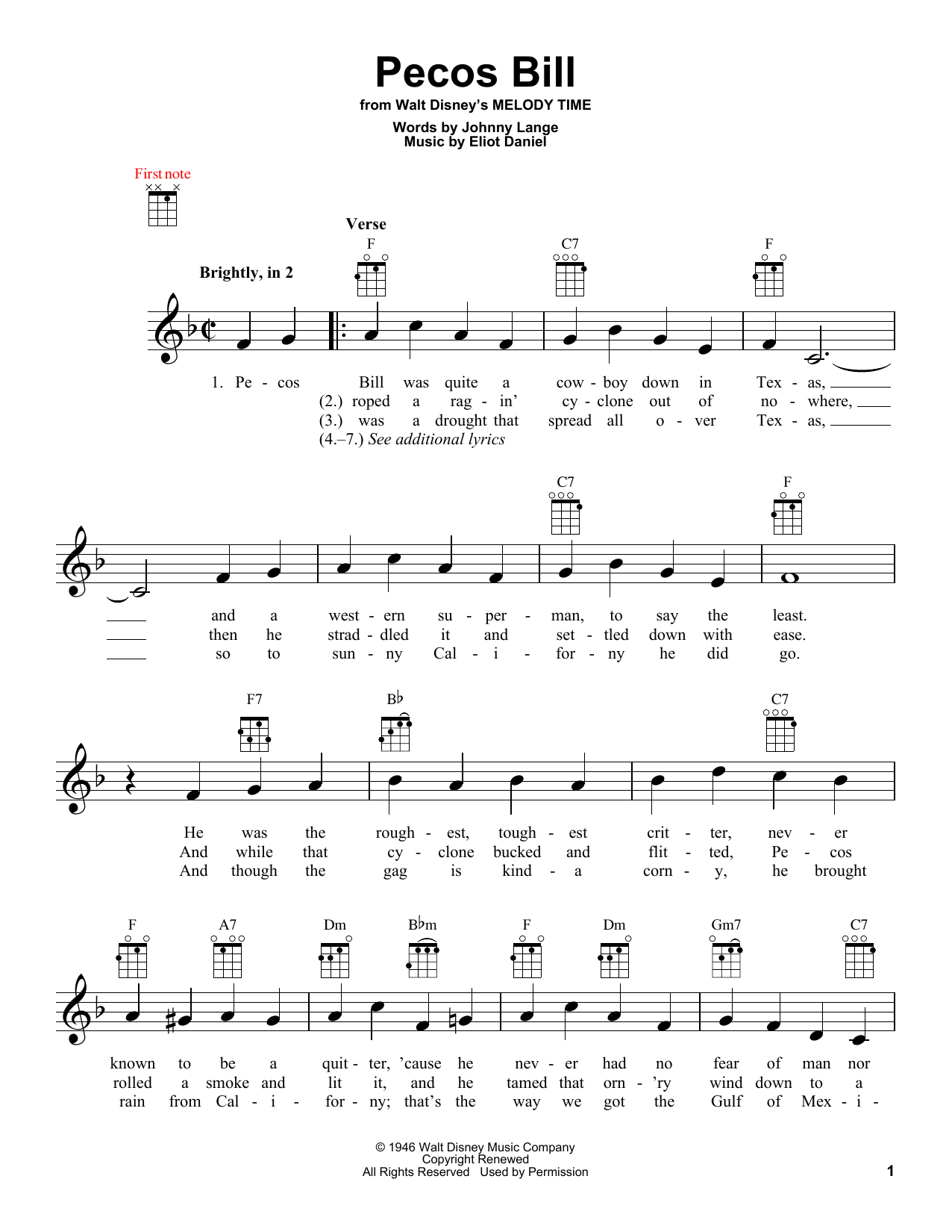 Learn to play Eliot Daniel Pecos Bill sheet music for Ukulele in minutes. Price: 5.9900$ Eliot Daniel Pecos Bill sheet music notes and chords arranged for Ukulele