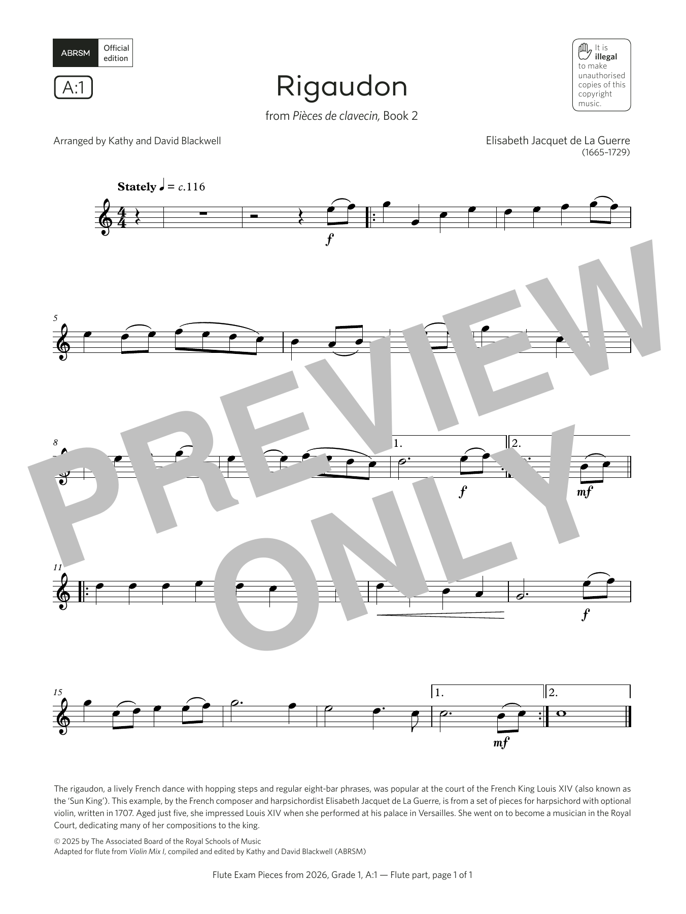 Learn to play Elisabeth Jacquet de La Guerre Rigaudon (Grade 1, list A1, from the ABRSM Flute Syllabus from 2026) sheet music for Flute Solo in minutes. Price: 3.9900$ Elisabeth Jacquet de La Guerre Rigaudon (Grade 1, list A1, from the ABRSM Flute Syllabus from 2026) sheet music notes and chords arranged for Flute Solo