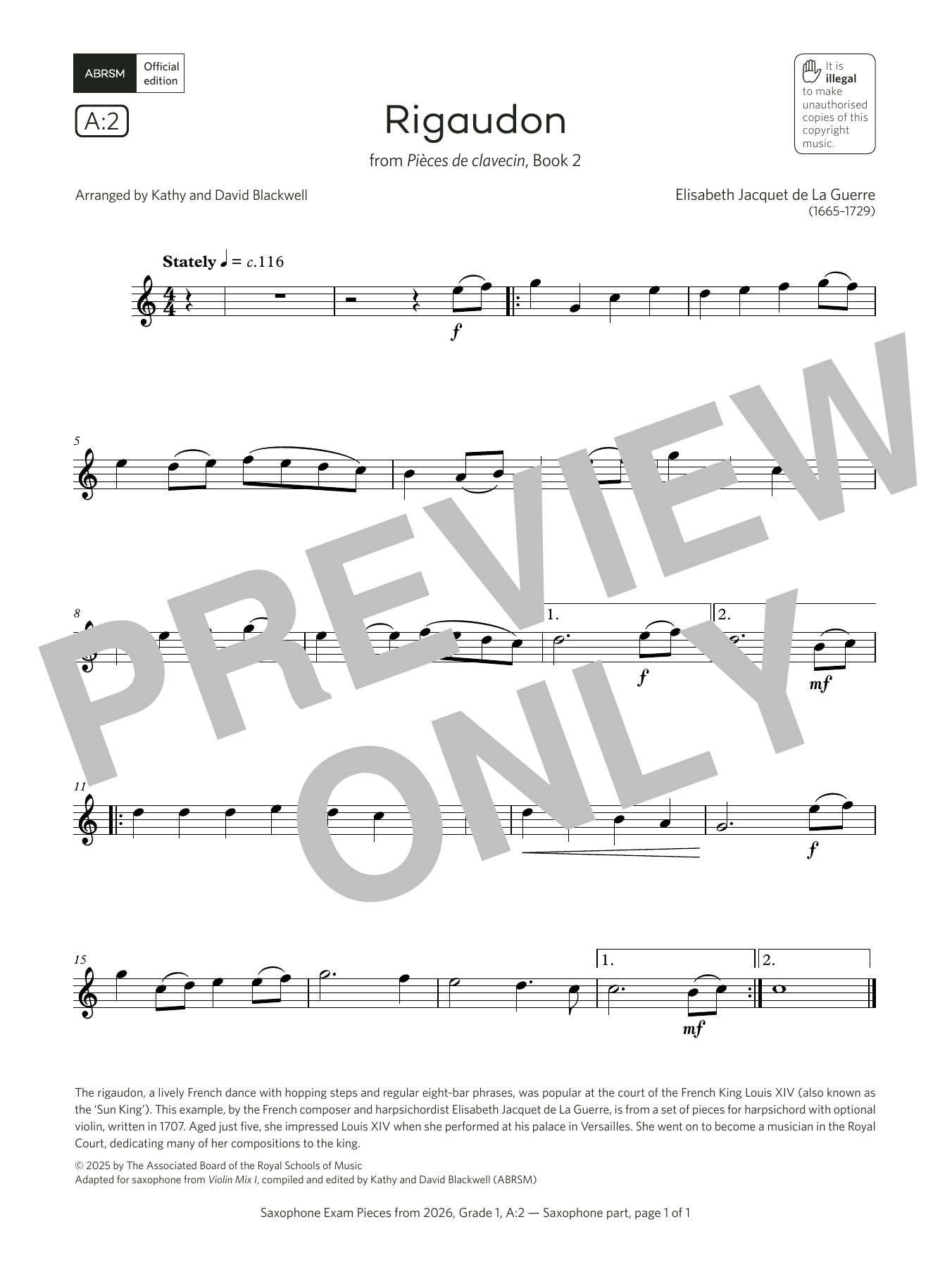 Learn to play Elisabeth Jacquet de La Guerre Rigaudon (Grade 1, list A2, from the ABRSM Saxophone Syllabus from 2026) sheet music for Alto Sax Solo in minutes. Price: 3.9900$ Elisabeth Jacquet de La Guerre Rigaudon (Grade 1, list A2, from the ABRSM Saxophone Syllabus from 2026) sheet music notes and chords arranged for Alto Sax Solo