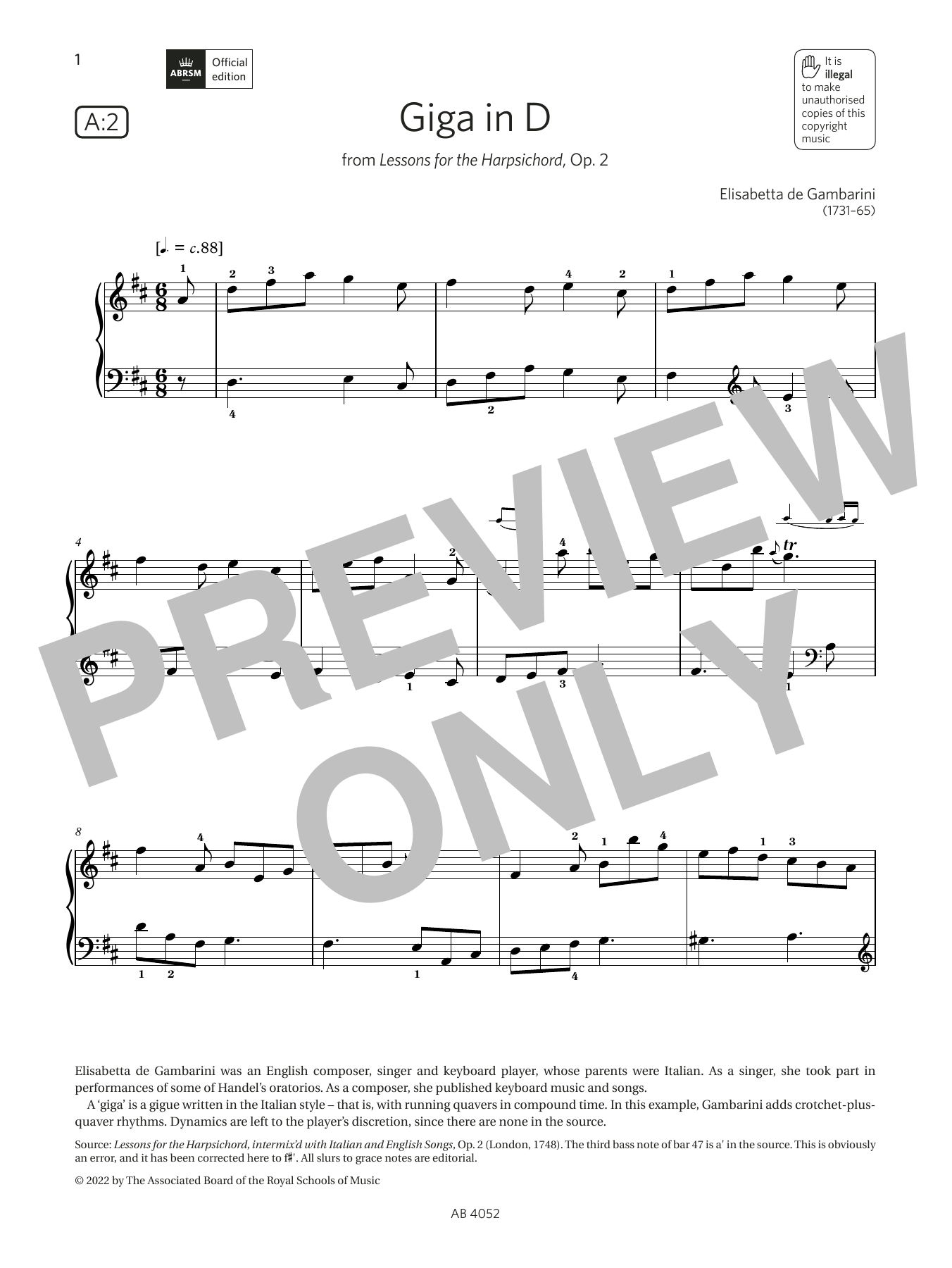 Elisabetta de Gambarini Giga in D (Grade 6, list A2, from the ABRSM Piano Syllabus 2023 & 2024) sheet music notes and chords. Download Printable PDF.