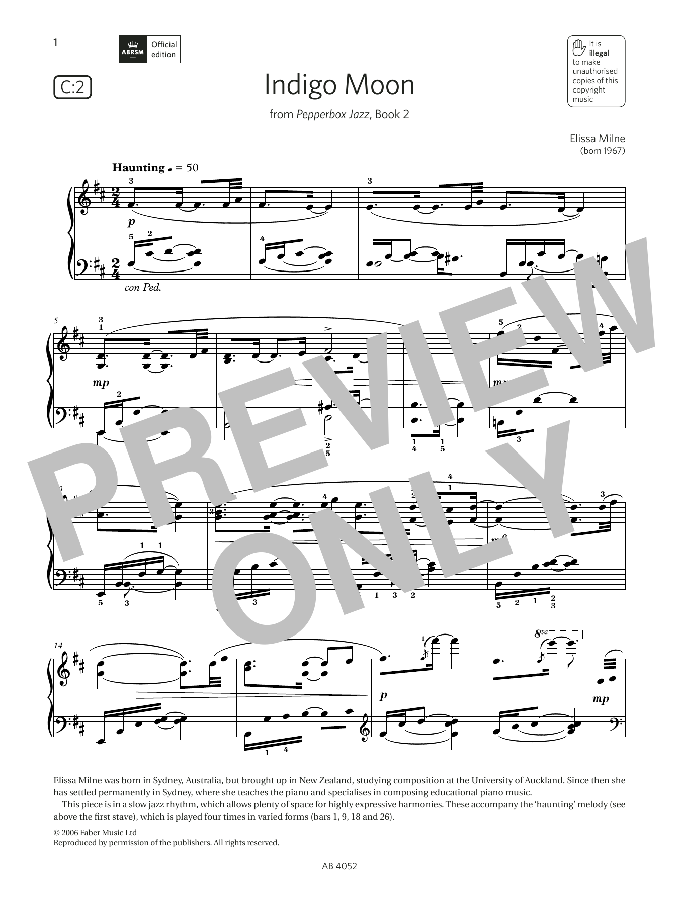 Elissa Milne Indigo Moon (Grade 6, list C2, from the ABRSM Piano Syllabus 2023 & 2024) sheet music notes and chords. Download Printable PDF.