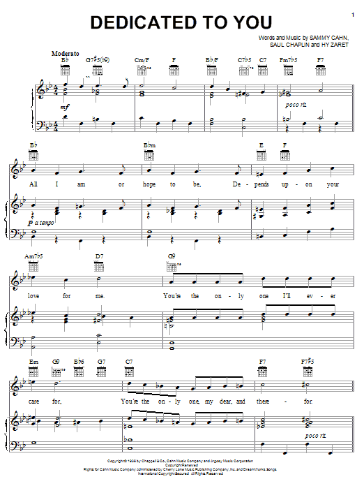 Learn to play Ella Fitzgerald Dedicated To You sheet music for Piano, Vocal & Guitar Chords (Right-Hand Melody) in minutes. Price: 7.8900$ Ella Fitzgerald Dedicated To You sheet music notes and chords arranged for Piano, Vocal & Guitar Chords (Right-Hand Melody)