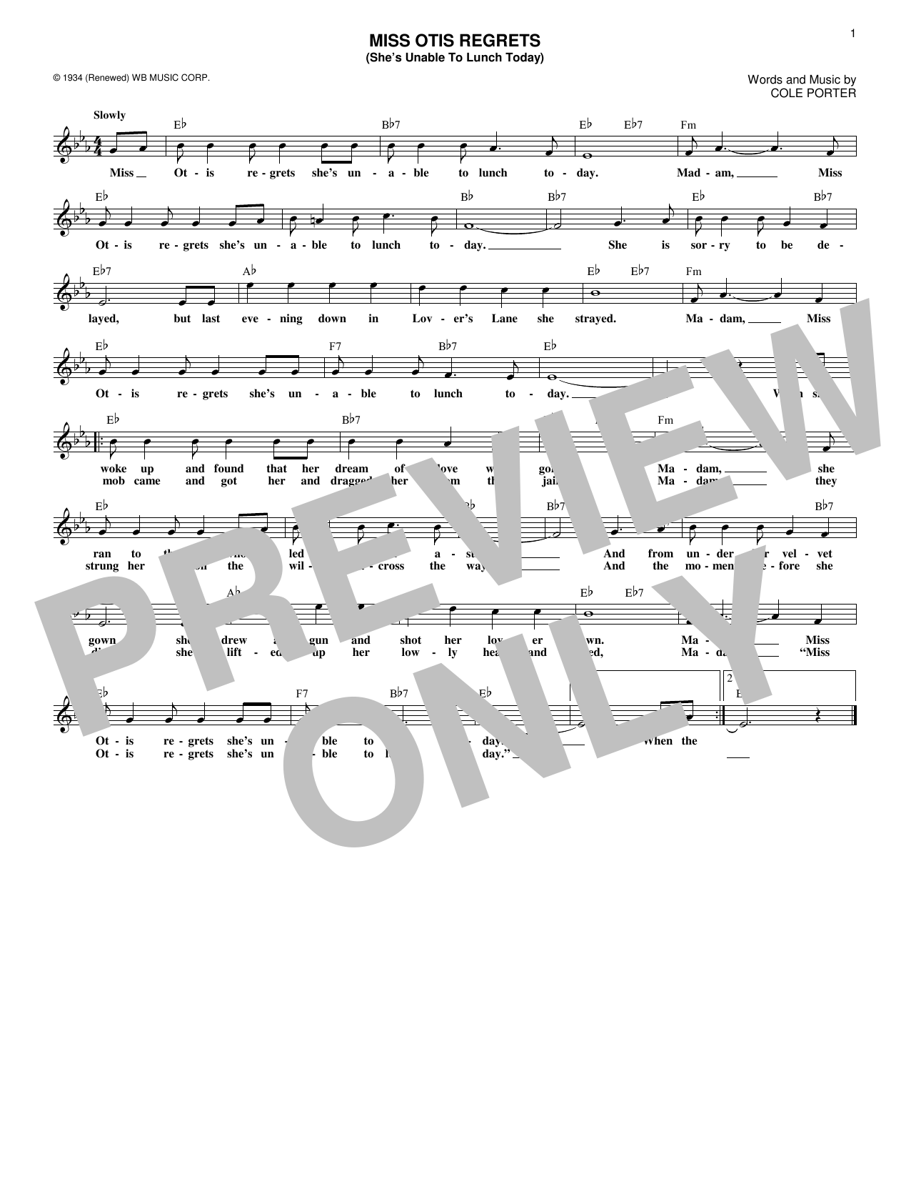 Ella Fitzgerald Miss Otis Regrets (She's Unable To Lunch Today) sheet music notes and chords. Download Printable PDF.