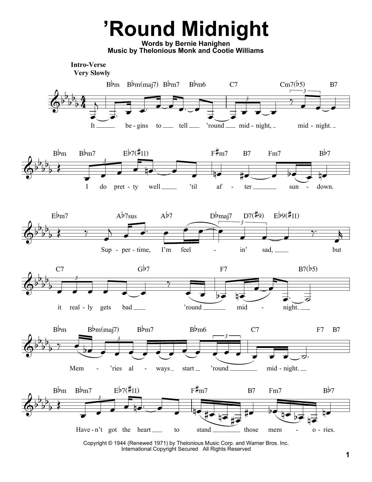 Ella Fitzgerald 'Round Midnight sheet music notes and chords. Download Printable PDF.