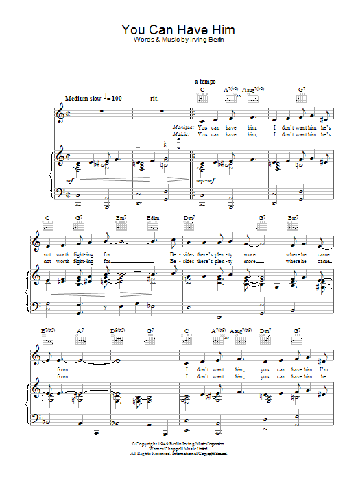 Learn to play Ella Fitzgerald You Can Have Him sheet music for Piano, Vocal & Guitar Chords in minutes. Price: 7.8900$ Ella Fitzgerald You Can Have Him sheet music notes and chords arranged for Piano, Vocal & Guitar Chords