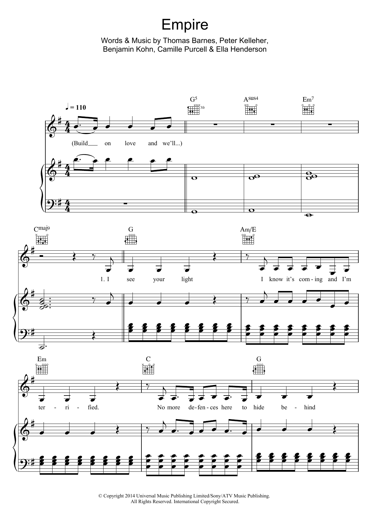 Learn to play Ella Henderson Empire sheet music for Piano, Vocal & Guitar Chords in minutes. Price: 7.8900$ Ella Henderson Empire sheet music notes and chords arranged for Piano, Vocal & Guitar Chords