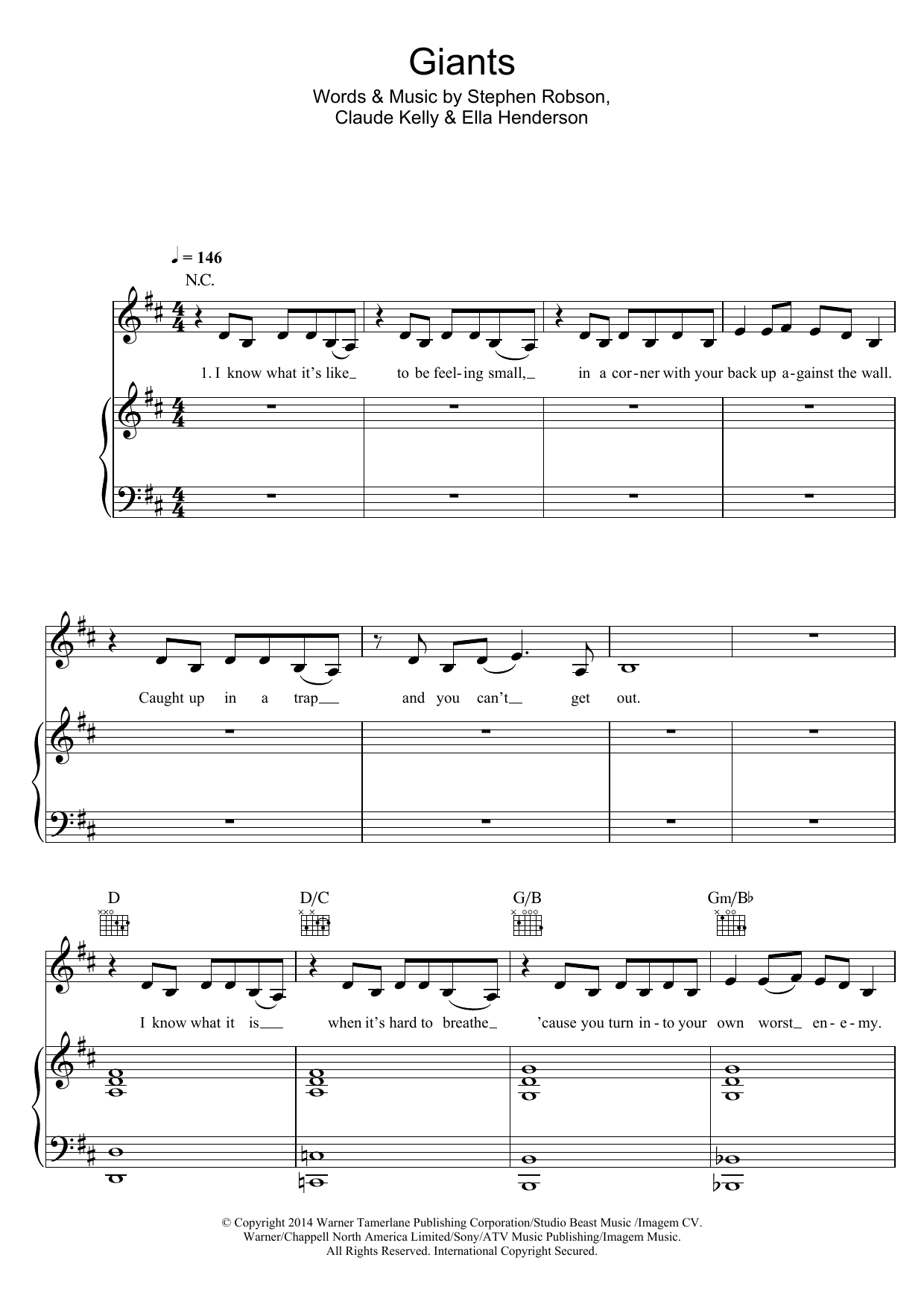 Learn to play Ella Henderson Giants sheet music for Piano, Vocal & Guitar Chords in minutes. Price: 7.8900$ Ella Henderson Giants sheet music notes and chords arranged for Piano, Vocal & Guitar Chords