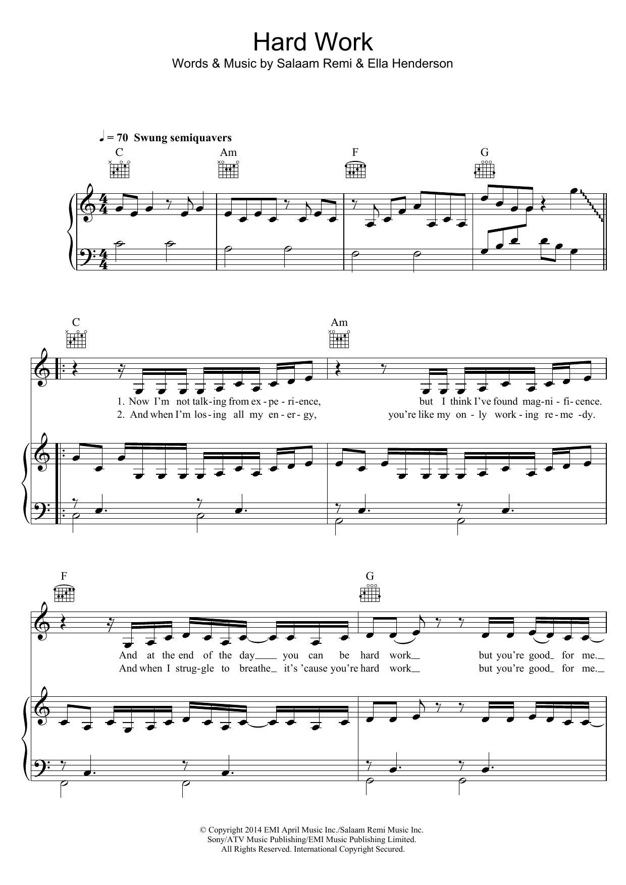 Learn to play Ella Henderson Hard Work sheet music for Piano, Vocal & Guitar Chords in minutes. Price: 7.8900$ Ella Henderson Hard Work sheet music notes and chords arranged for Piano, Vocal & Guitar Chords
