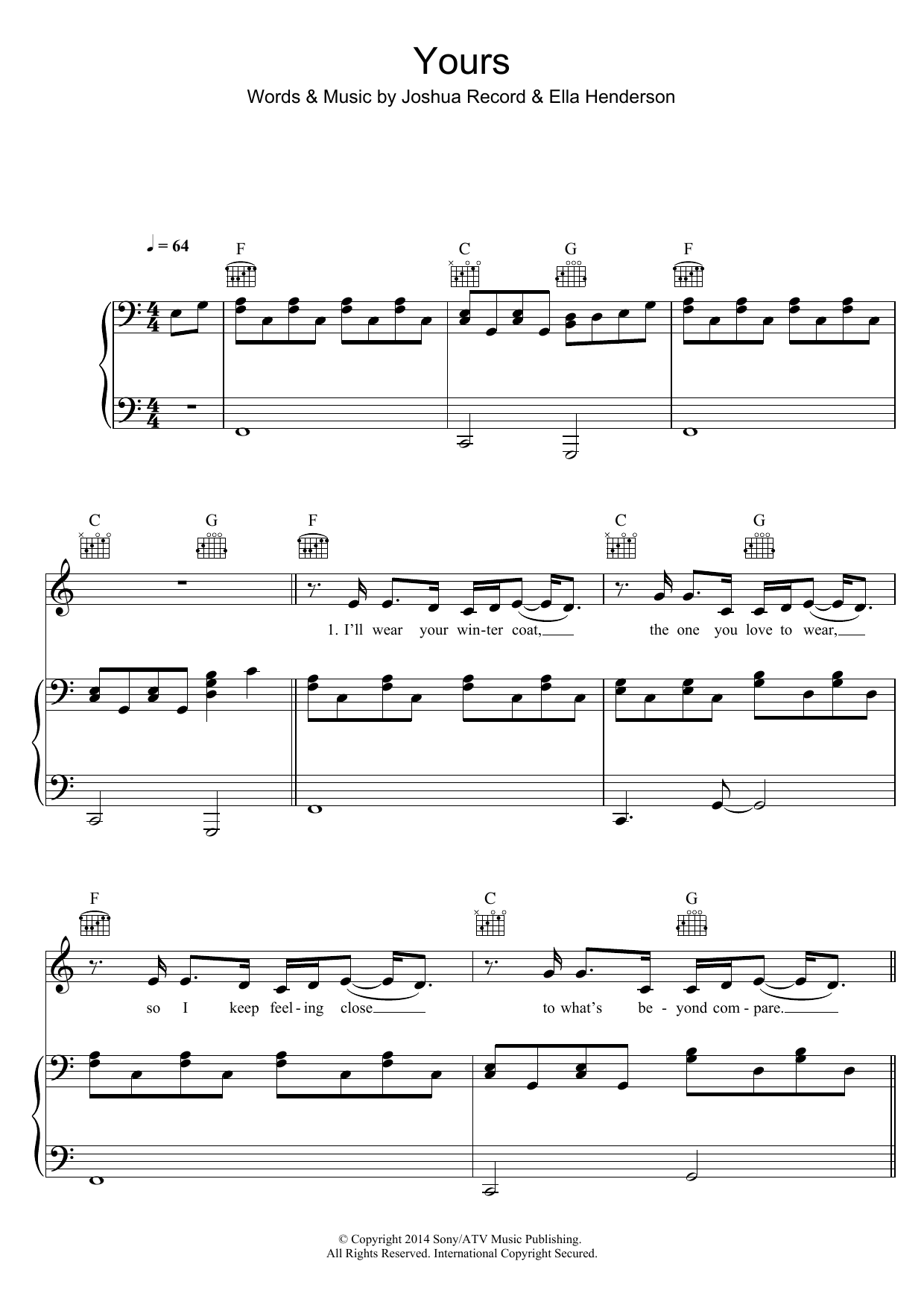 Ella Henderson Yours sheet music notes and chords arranged for Piano, Vocal & Guitar Chords