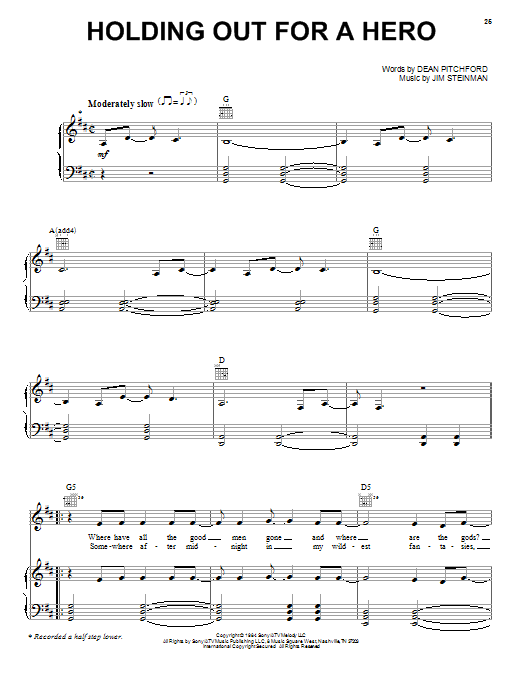 Learn to play Ella Mae Bowen Holding Out For A Hero sheet music for Piano, Vocal & Guitar Chords (Right-Hand Melody) in minutes. Price: 7.8900$ Ella Mae Bowen Holding Out For A Hero sheet music notes and chords arranged for Piano, Vocal & Guitar Chords (Right-Hand Melody)