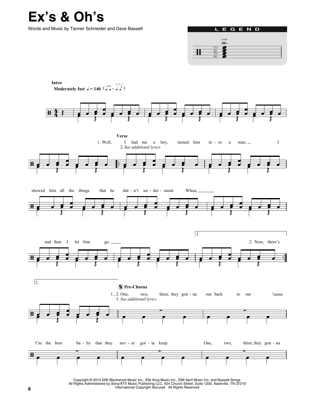 Elle King Ex's & Oh's sheet music notes and chords arranged for Drum Chart