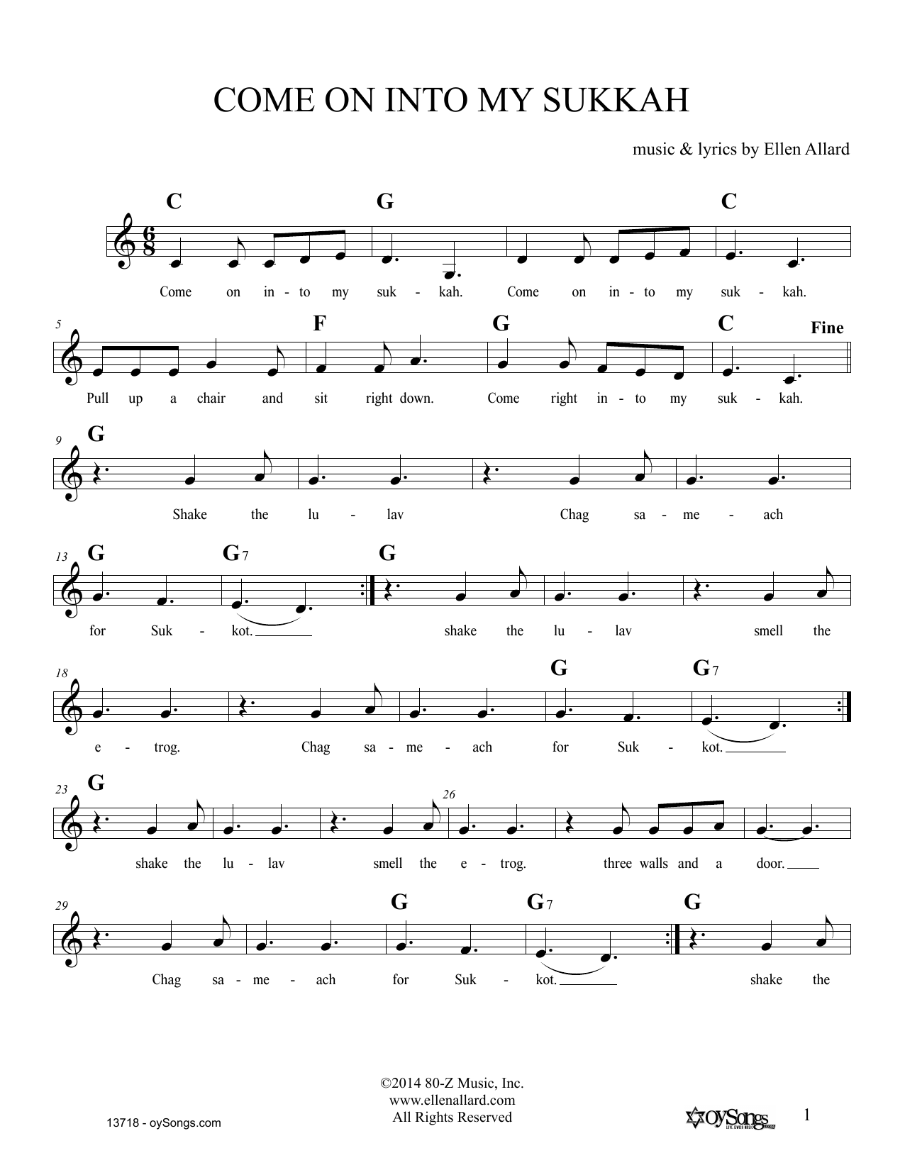 Ellen Allard Come On Into My Sukkah sheet music notes and chords. Download Printable PDF.