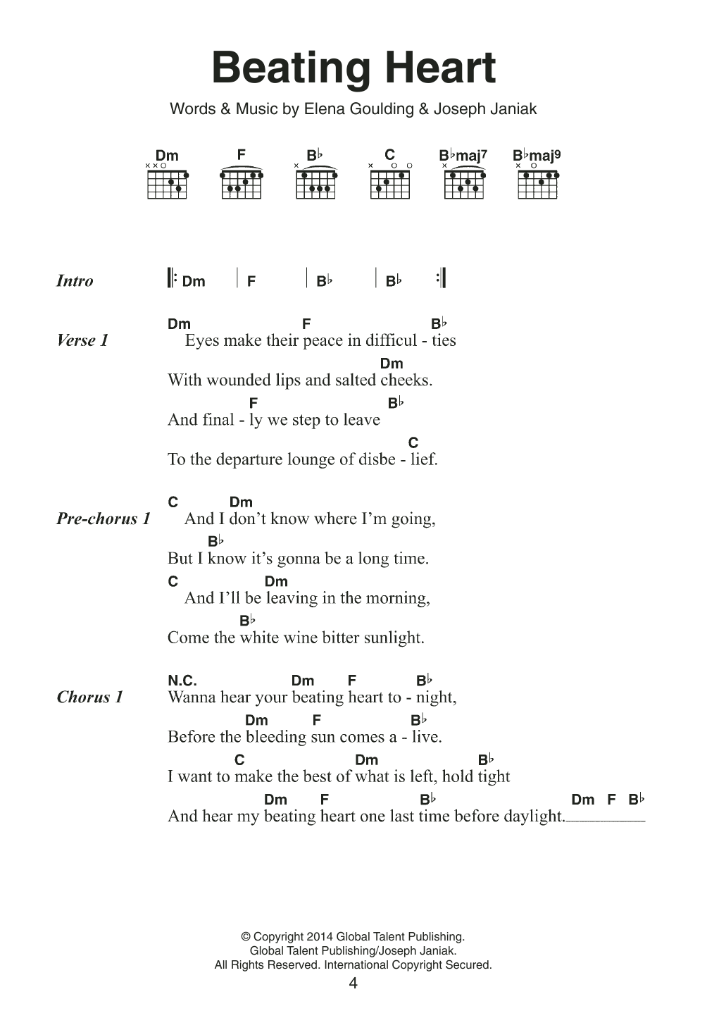 Ellie Goulding Beating Heart sheet music notes and chords. Download Printable PDF.