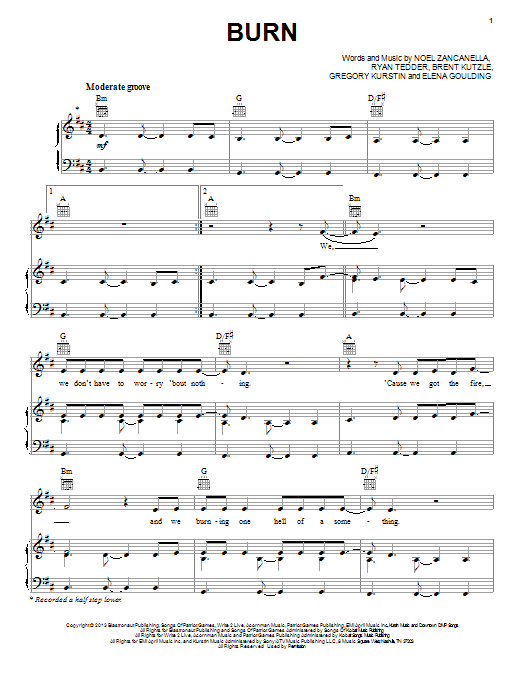 Ellie Goulding Burn sheet music notes and chords arranged for Piano, Vocal & Guitar Chords (Right-Hand Melody)