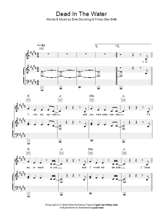Learn to play Ellie Goulding Dead In The Water sheet music for Piano, Vocal & Guitar Chords in minutes. Price: 7.8900$ Ellie Goulding Dead In The Water sheet music notes and chords arranged for Piano, Vocal & Guitar Chords